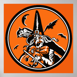 Vintage Halloweenhexe-und -eulen-Illustration Poster