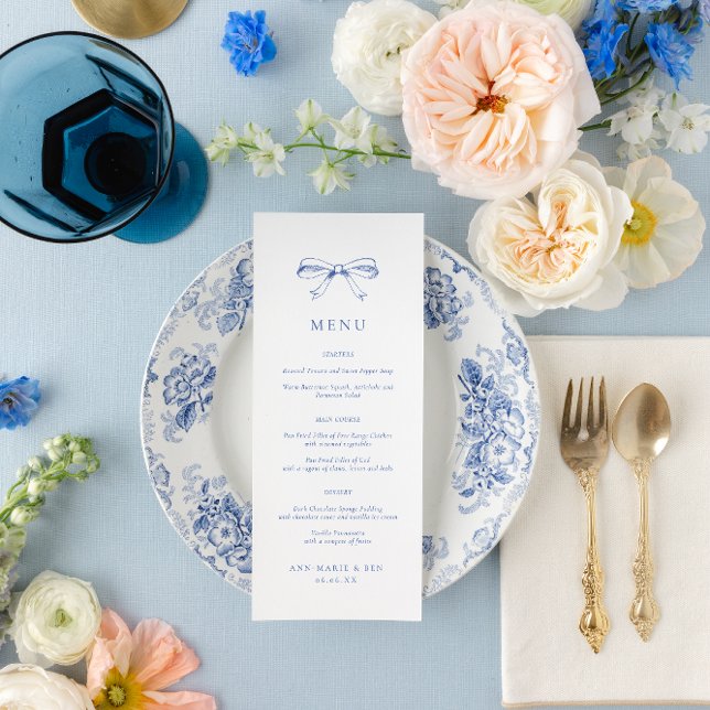 Vintage Hand Drawn Bow Blue Wedding Menu Menükarte (Von Creator hochgeladen)