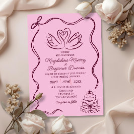 Vintage Hand Drawn Burgundy Retro Swans Wedding Einladung