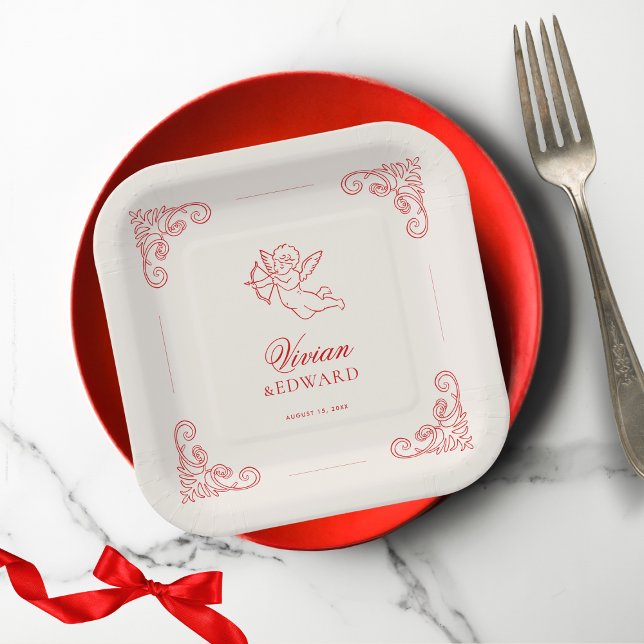 Vintage Hand Drawn Cupid Cherub February Wedding Pappteller (Von Creator hochgeladen)