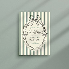 Vintage Hand Drawn Swan Green Stripes Wedding Save The Date