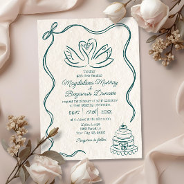 Vintage Hand Drawn Teal Green Retro Swans Wedding Einladung