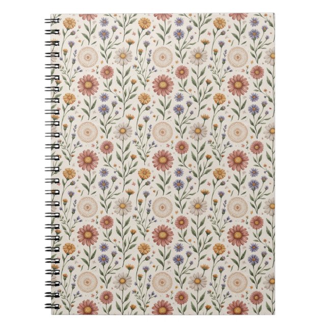  Vintage Hand-Drawn Wildflowers Patchwork Seamless Notizblock (Vorderseite)
