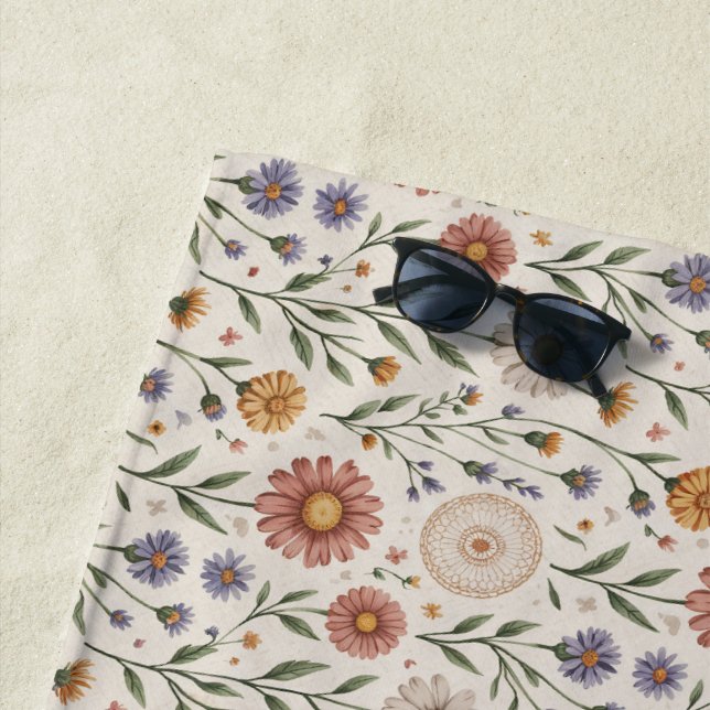  Vintage Hand-Drawn Wildflowers Patchwork Seamless Strandtuch (Beispiel)