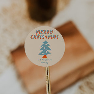 Vintage Hand gezeichnet Orange Blue Weihnachtsbaum Runder Aufkleber