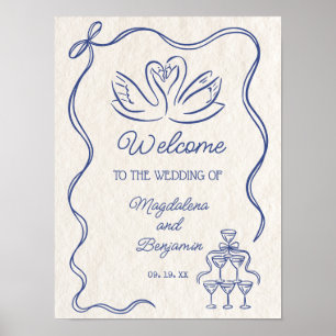 Vintage Hand gezeichnete blaue Schwäne Hochzeit Be Poster