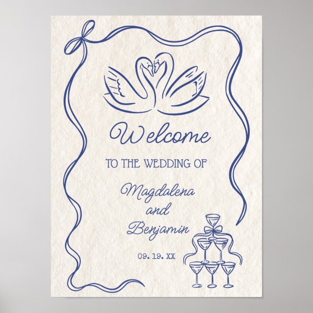 Vintage Hand gezeichnete blaue Schwäne Hochzeit Be Poster (Vorne)