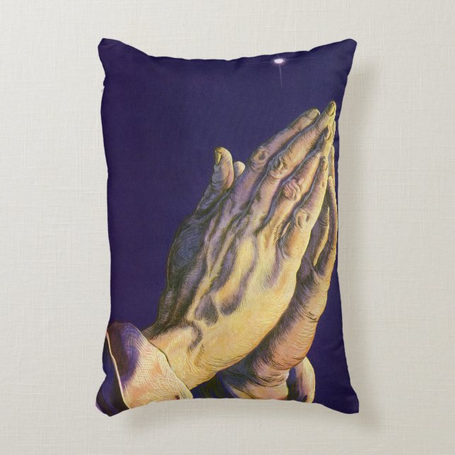 Vintage Hände Gebet mit Stern von Bethlehem Dekokissen (Vorderseite(Vertikal))