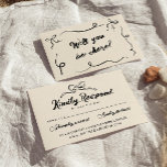 Vintage handgeschriebene einzigartige moderne Bow- RSVP Karte<br><div class="desc">Eine einfache und elegante Kalligraphie farbenfrohe Retro-Hochzeitskarte rsvp. Das hat,  wie Sie sehen,  einen Vintagen modernen,  stylischen,  milchigen Hintergrund mit schwarzem Drehbuch und handgezeichnete whimsical Vintagen Bugahmen auf der Rückseite . Minimalistisch und elegant mit handgeschriebener Schrift. Sie können alle editierbar sein,  indem Sie auf die Schaltfläche Personalisieren klicken.</div>