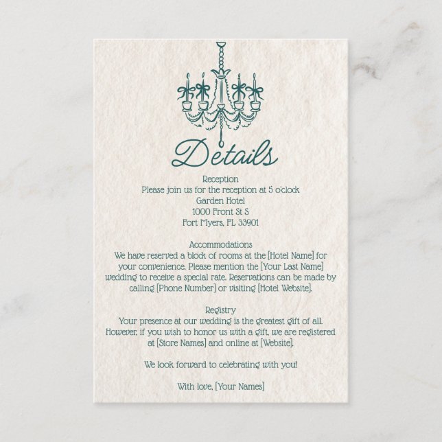 Vintage handgezeichnete Aquamarine Kronleuchter Ho Begleitkarte (Vorderseite)