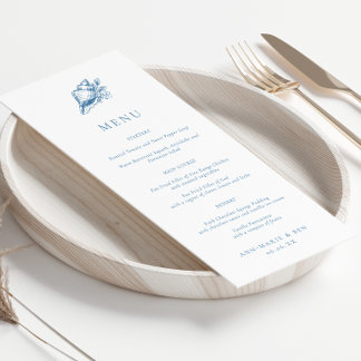 Vintage handgezeichnete blaue Muschel-Hochzeitsmen Menükarte