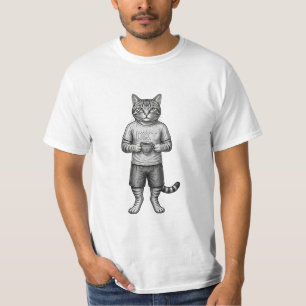 Vintage Handgezeichnete Katze trinkt Kaffee Linien T-Shirt