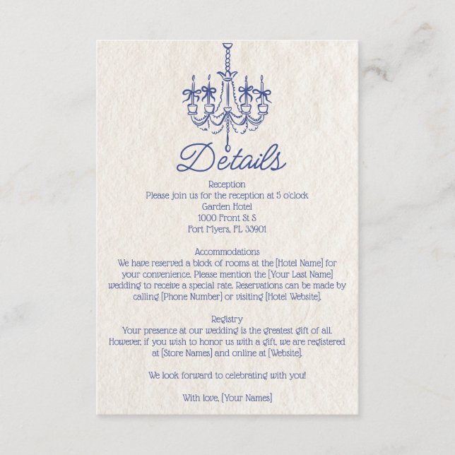 Vintage handgezeichnete Kronleuchter Hochzeitsdeta Begleitkarte (Vorderseite)