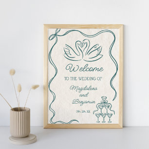 Vintage handgezeichnete teal Retro-Hochzeitsbegrüß Poster