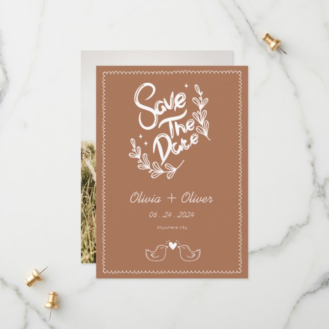 Vintage handgezeichnete Terrakotta-Hochzeit Save The Date (Vorderseite/Rückseite Beispiel)