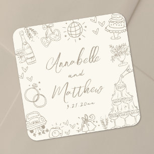 Vintage Handgezeichnete Whimsical Hochzeit Quadratischer Aufkleber