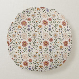 Vintage handgezeichnete Wildblumen-Patchwork-Nahtl Rundes Kissen
