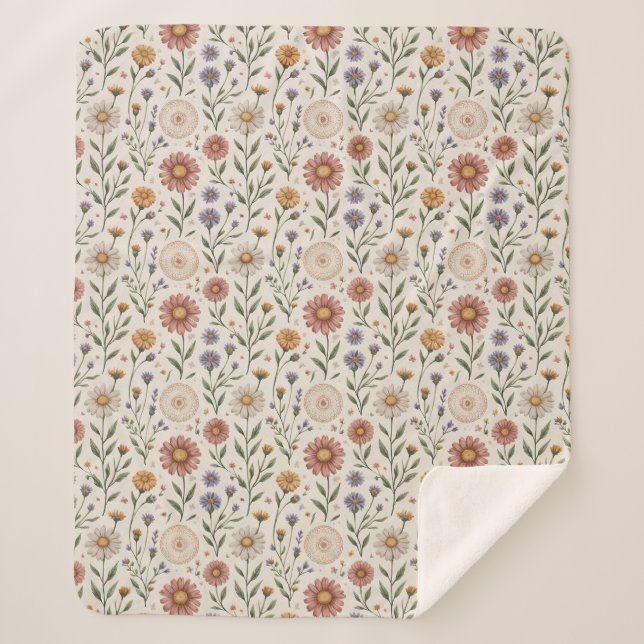 Vintage Handgezeichnete Wildblumen Patchwork Nahtl Sherpadecke (Vorderseite)
