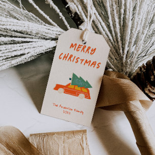 Vintage handgezeichnetes rotes Auto Baum Weihnacht Geschenkanhänger