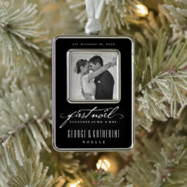 Vintage Handschrift Erste Weihnachten Foto Hochzei Rahmen-Ornament Silber