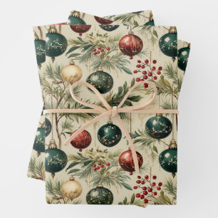 Vintage-Hängeschmuck, Beeren, Kiefernzweige Geschenkpapier Set