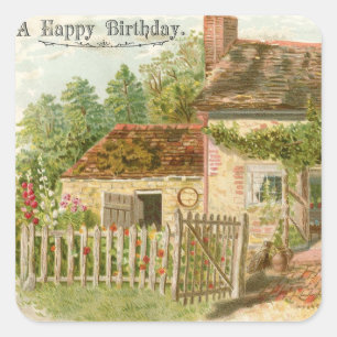 Vintage-Happy-Birthday-Cottage-Aufkleber Quadratischer Aufkleber