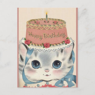 Vintage-Happy-Birthday-Kätzchen mit Kuchen Feiertagspostkarte