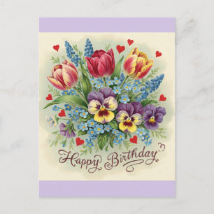 Vintage Happy Birthday Retro Farbige Blumen Postkarte