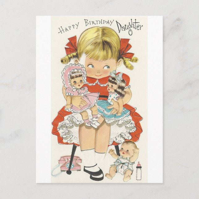 Vintage Happy Birthday Tochter mit Puppen Postkarte (Vorderseite)