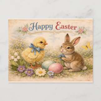 Vintage Happy Easter Bunny and Chick Postkarte