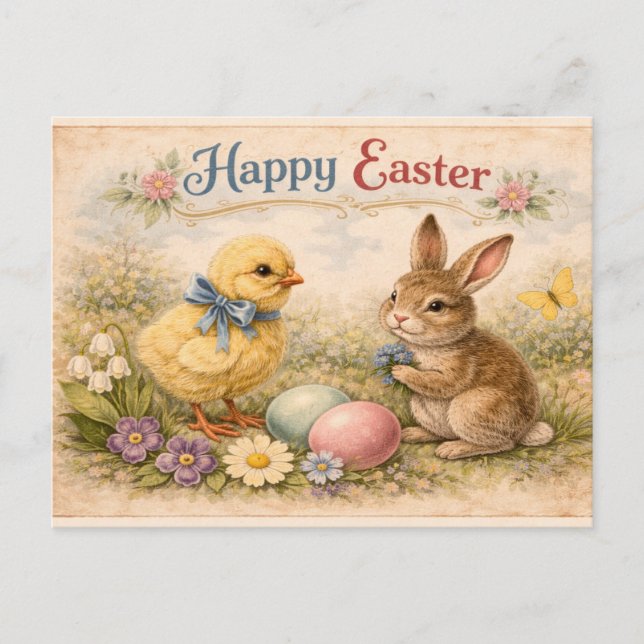 Vintage Happy Easter Bunny and Chick  Postkarte (Vorderseite)