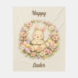 Vintage Happy Easter Bunny Floral Wreath Fleecedecke