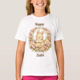 Vintage Happy Easter Bunny Floral Wreath T-Shirt
