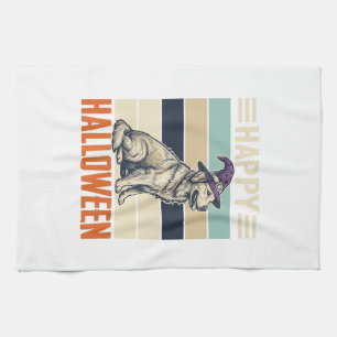Vintage-Happy-Halloween-Hund-Hexenhut-Shirt-Design Geschirrtuch