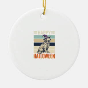 Vintage-Happy-Halloween-Hund-Hexenhut-Shirt-Design Keramik Ornament