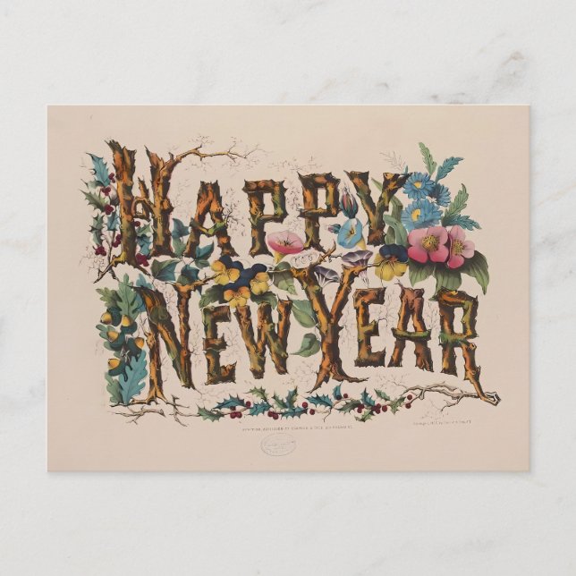 Vintage "Happy New Year" Botanical Lettering Postkarte (Vorderseite)
