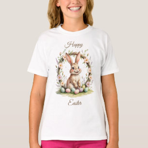 Vintage-Happy-Ostern-Hase mit floralem Kranz T-Shirt