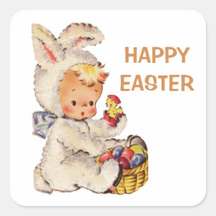Vintage-Happy-Ostern-Hasen-Kostüm Quadratischer Aufkleber