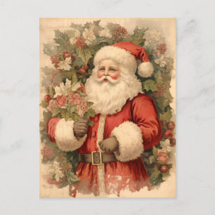 Vintage Happy Santa Clause mit Stechpalmenblättern Feiertagspostkarte