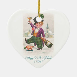 Vintage Happy St. Patrick's Day Shamrock Champagne Keramik Ornament