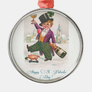 Vintage Happy St. Patrick's Day Shamrock Champagne Ornament Aus Metall