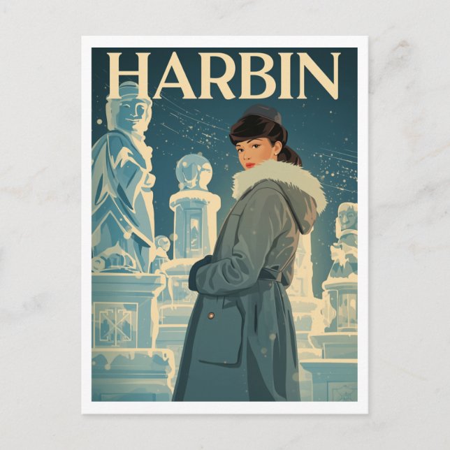 Vintage Harbin Eisstadt Frau Postkarte (Vorderseite)