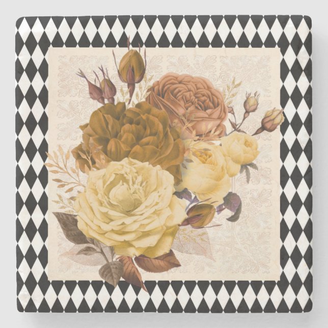 Vintage Harlequin Garden Rose Steinuntersetzer (Vorderseite)