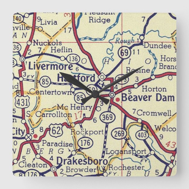 Vintage Hartford KY Karte Quadratische Wanduhr (Vorderseite)