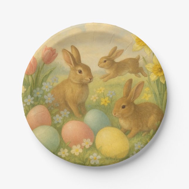 Vintage-Häschen/Osterhase/Fleece für Frühling  Pappteller (Vorderseite)