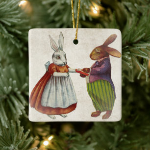 Vintage-Häschen-Paar in viktorianischer Kleidung Keramikornament