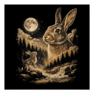 Vintage-Hase, der zum Mond heult, nächtliche Kanin Poster