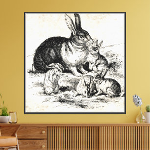 Vintage-Hase-Familienillustration, Babykaninchen Leinwanddruck