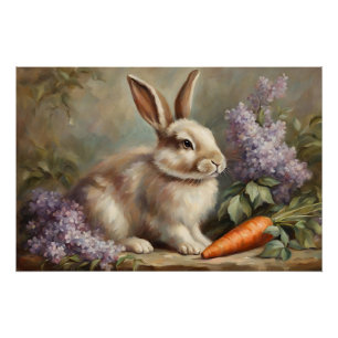 Vintage-Hase mit Fliederblumen und Karotte Poster