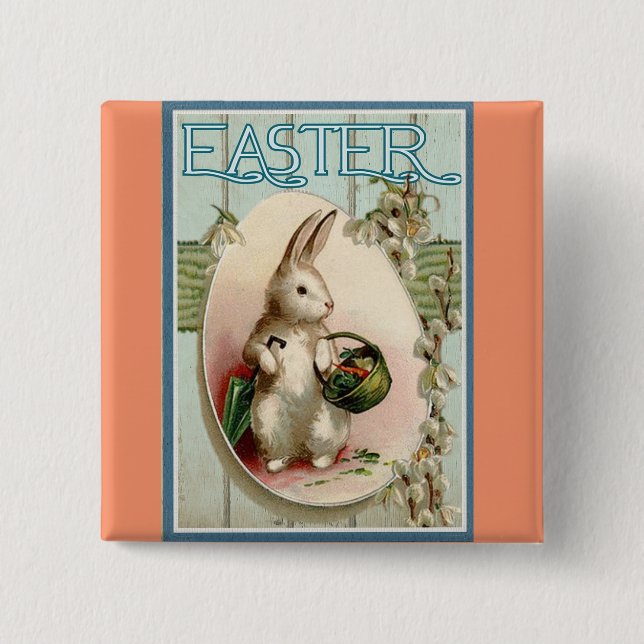 Vintage-Hase mit Korb-Button Button (Vorderseite)